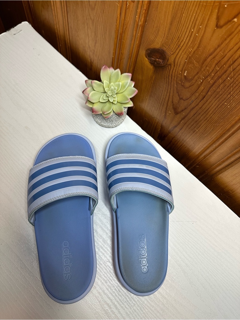 adidas Light Blue Striped Slide Sandals - Picture 9 of 15